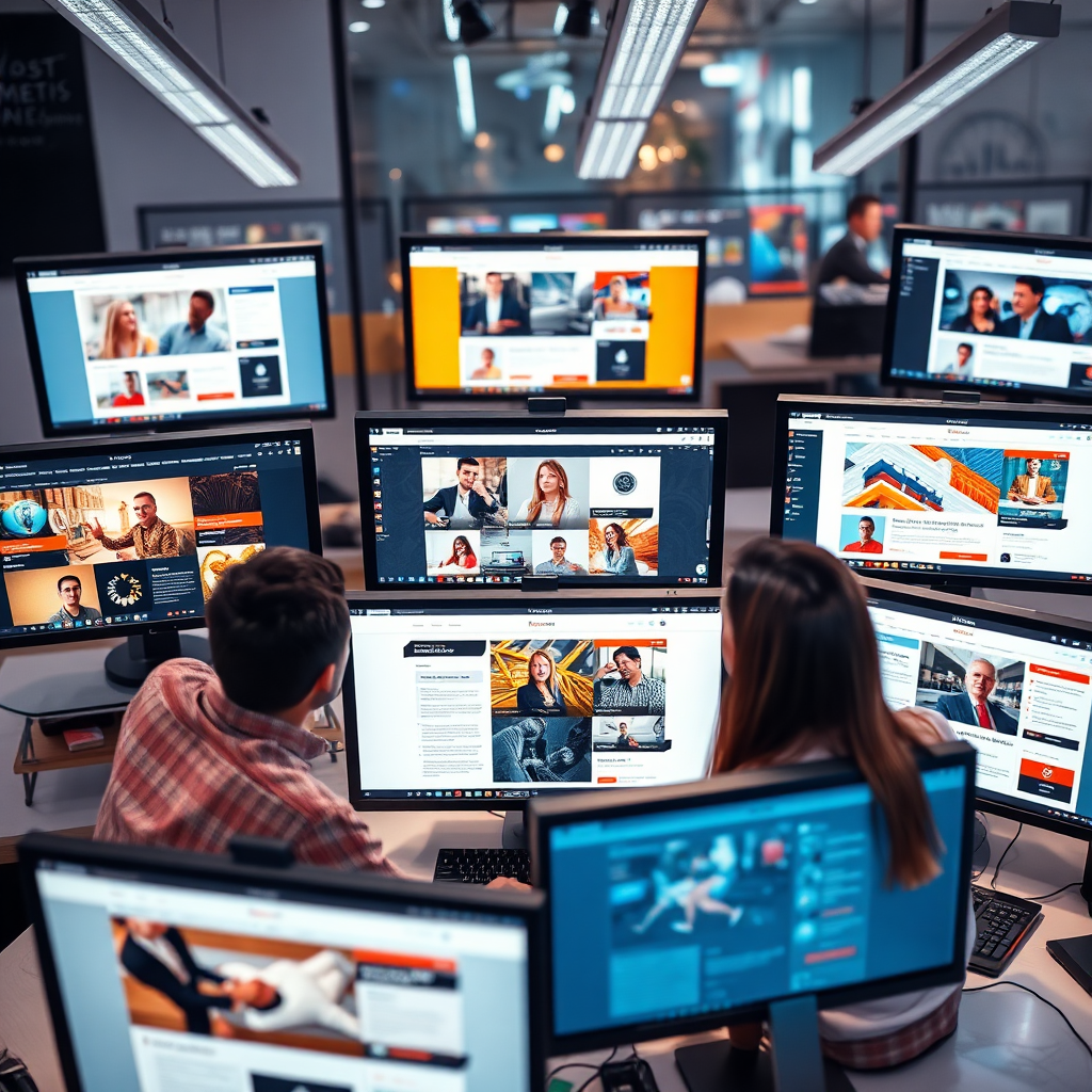 A vibrant image depicts multiple computer screens showcasing diverse website features. A team of developers collaborates intently, discussing various functionalities. The office is contemporary with a high-tech vibe, enhanced by bright lights and engaging digital designs. The camera angle is a bird's eye view, showcasing the various screens' displays and teamwork. Texture details emphasize the sleekness of modern technology through reflections on screen surfaces.