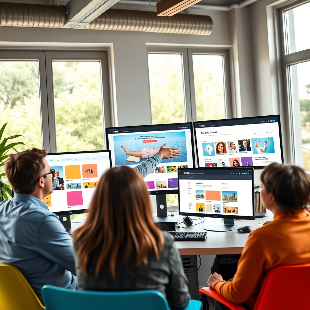 A vibrant image illustrating customization options for a website. The composition features a workstation with multiple screens showing various design layouts and color palettes. A designer is pointing at the screens with clients engaged in a discussion. The setting is well-lit with natural light coming through large windows, symbolizing openness and collaboration. The overall color scheme includes bright colors that represent creativity. The camera angle is angled slightly down to give an overview of the screens and interaction taking place.