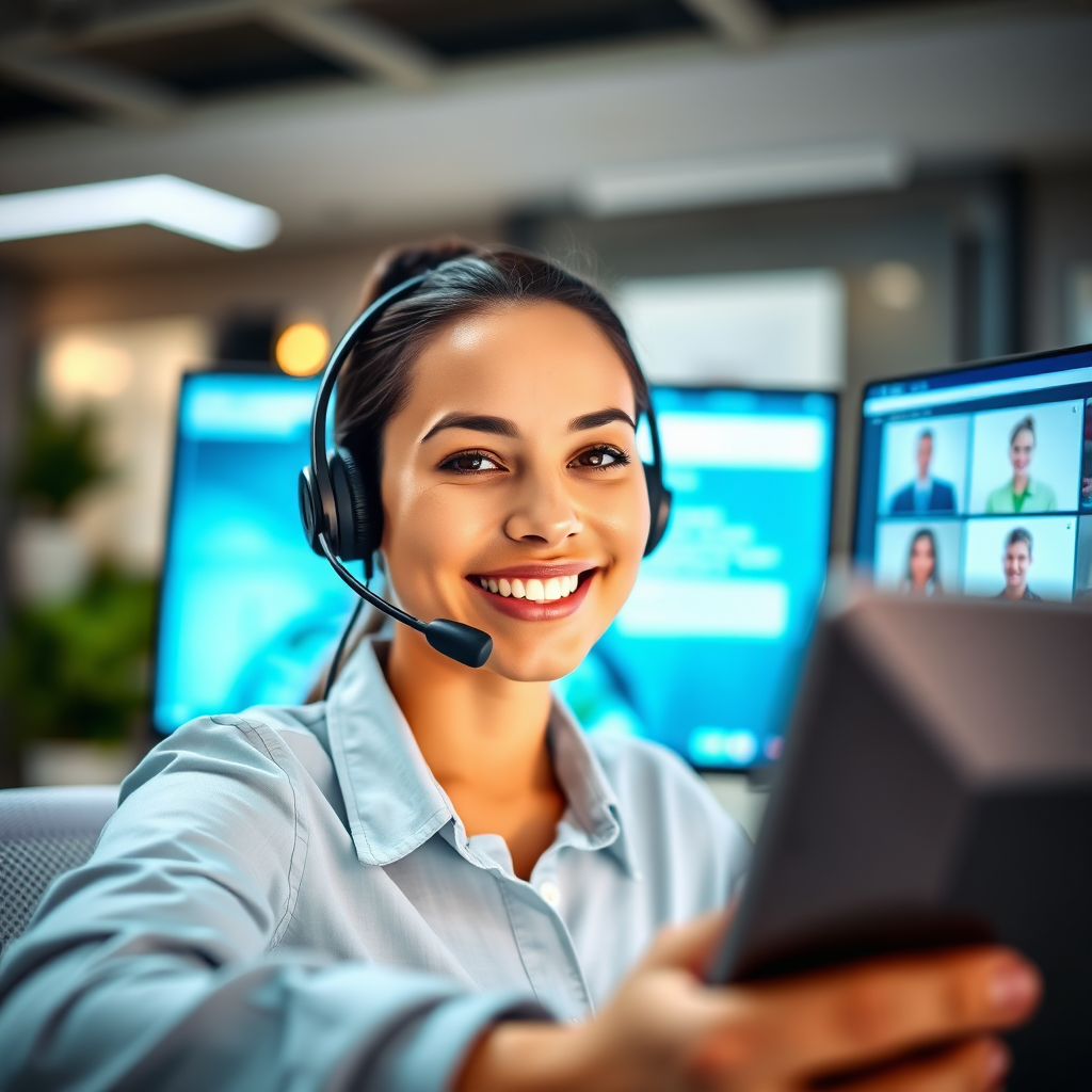 A vibrant image of a customer support representative engaged in a virtual call. The representative wears a headset and is smiling, indicating readiness to help. The background features customer interaction software on a dual-monitor setup. The lighting is bright and welcoming, to convey approachability. The color palette integrates soft blues and whites, creating a calm atmosphere. The camera angle captures a close-up view of the representative's face and the technology at play, emphasizing connectivity and support.