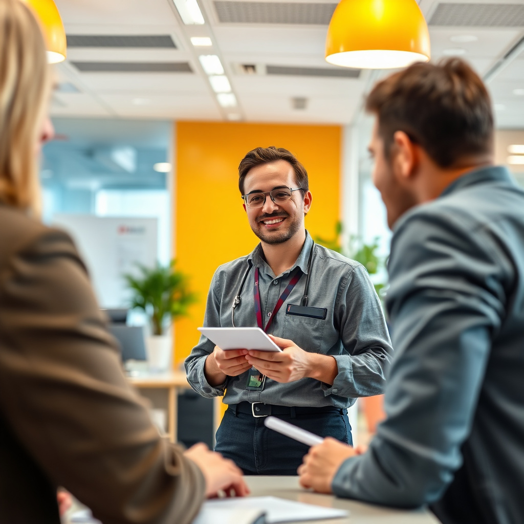 A vibrant image showing a customer consultation meeting. A representative is smiling while discussing maintenance plans with clients. The office backdrop is bright, modern, and welcoming. Colors are bright with sunny hues to convey positivity. The camera angle is eye-level, capturing the friendly interaction and genuine engagement between the parties.