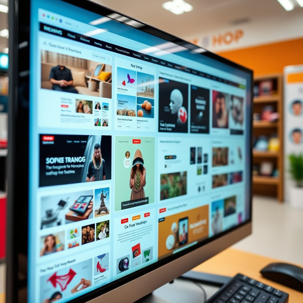 A vibrant online shop display showcasing various WordPress themes on a digital screen. The setting is bright and cheerful, with graphics illustrating themes' features. The color palette includes lively colors that attract users. A close-up camera angle captures the designs and attractive aspects of the themes, suggesting variety and quality.