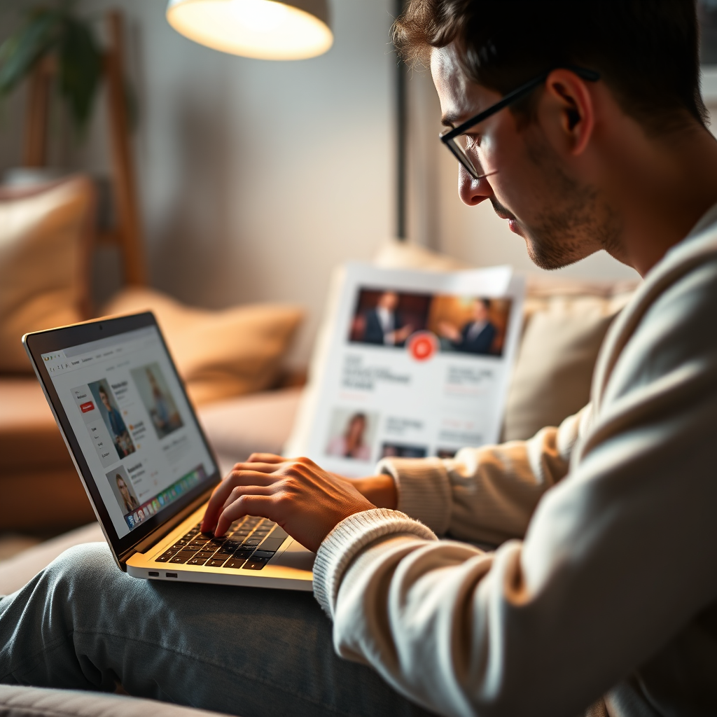 An engaging image illustrating a content creator editing a website on a laptop. The setting is cozy with modern touches. The light is soft and warm, reflecting a creative atmosphere. The color palette is neutral with pops of color from the website design on the screen. The camera is focused on the screen details, conveying the effort in creating optimal content for users.