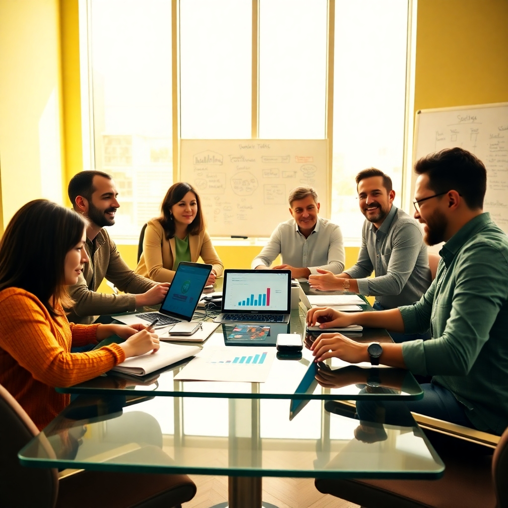 An engaging scene showing a team of marketers around a conference table, brainstorming digital marketing strategies for a WordPress website project. The table is scattered with digital devices, graphs, and charts indicating website traffic and social media analytics. The room is illuminated by bright, natural light streaming through large windows, creating a vibrant and motivational atmosphere. The color scheme consists of warm yellows and greens, conveying a sense of energy and collaboration. The shot is taken at a low angle, capturing the diverse expressions of the team members as they share ideas. The textures include a modern glass table and plush office chairs. In the background, a whiteboard filled with notes and ideas adds depth to the working environment. The style is in ultra-detailed, utilized for sharp visuals in 8K quality.