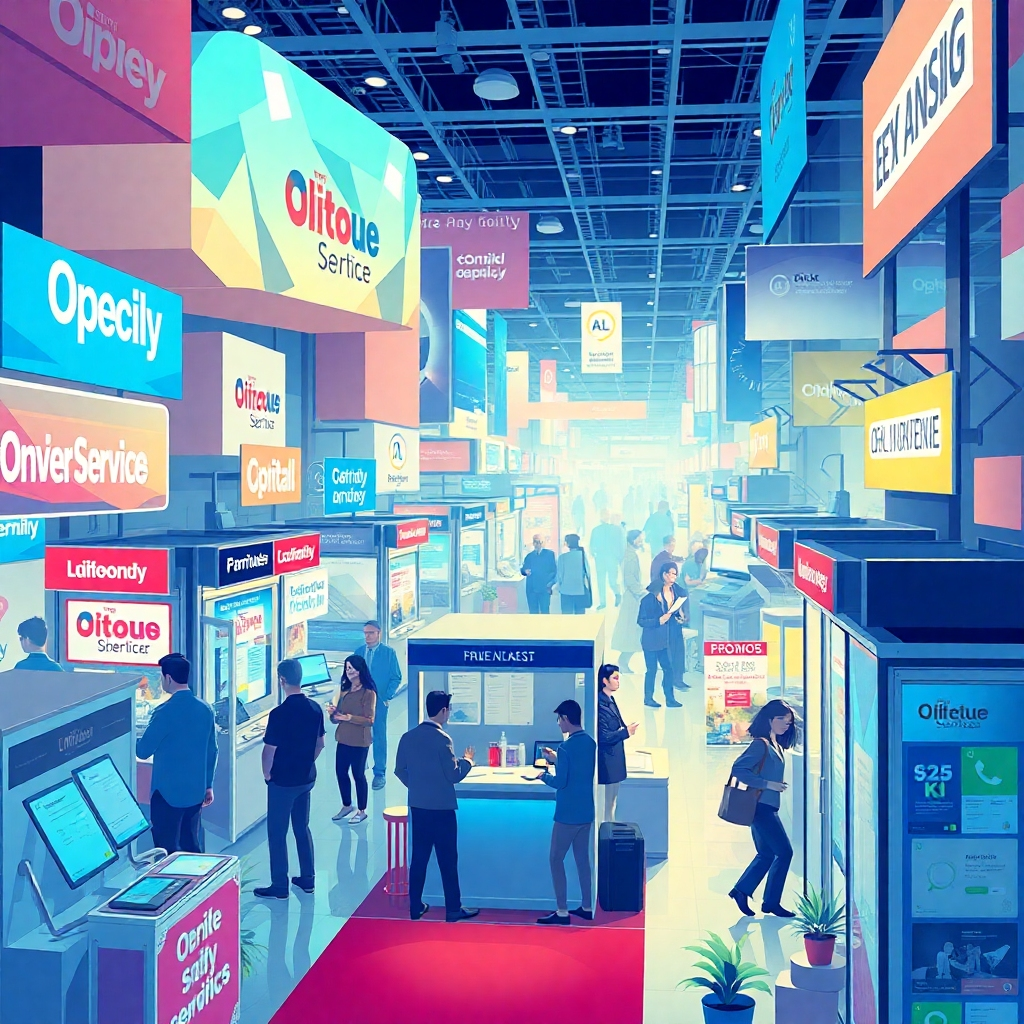 An illustration of a bustling marketplace with various digital service booths and small agencies competing for attention. One booth should represent a small agency, struggling to stand out among larger, more visually appealing booths. The atmosphere should be vibrant and competitive.
