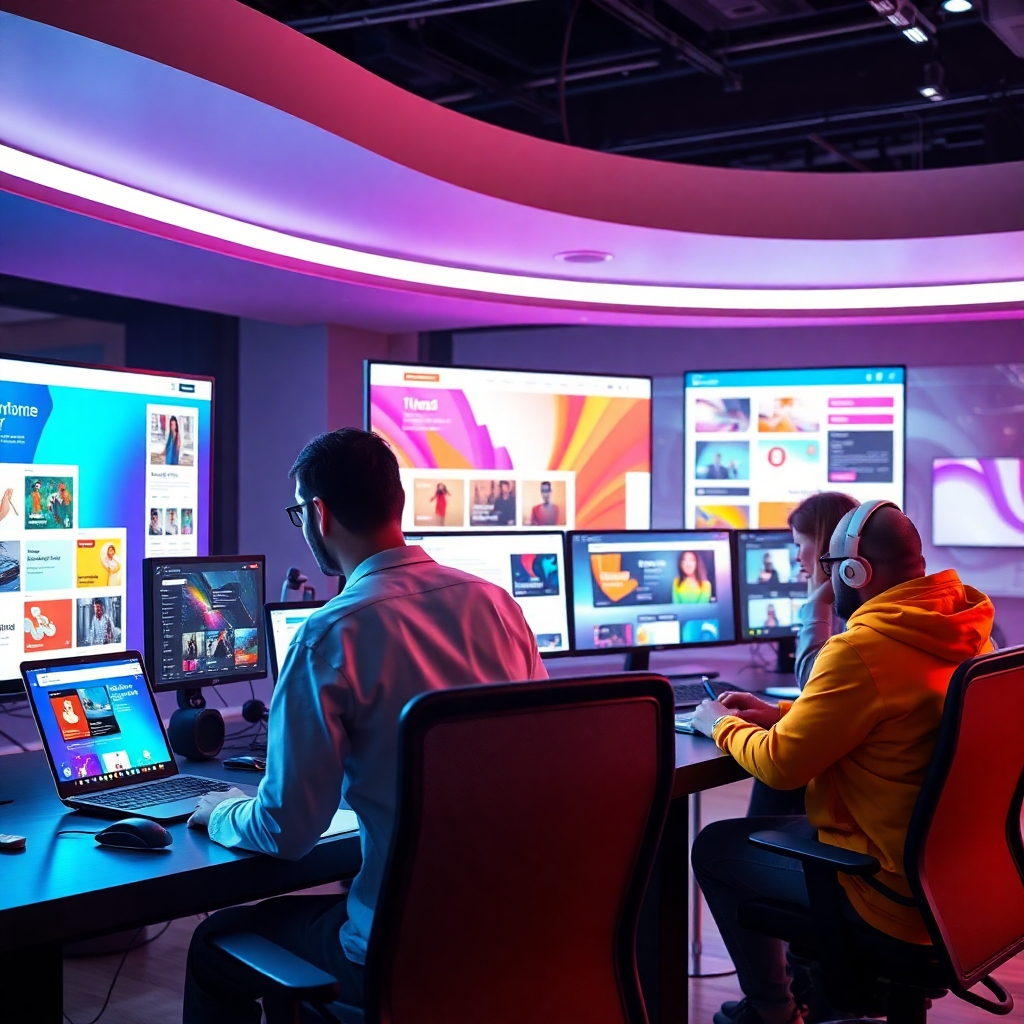 An innovative technology adaptation scene, showing a group of web designers interacting with advanced design tools and screens displaying colorful and modern website layouts, with futuristic gadgets and digital interfaces in a sleek, tech-savvy workspace.