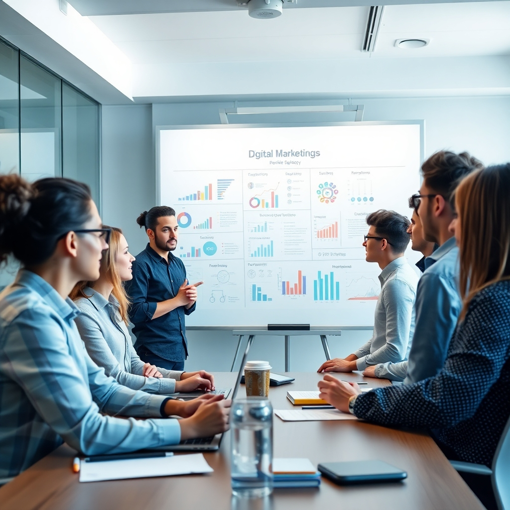 An office environment showcasing a team of young professionals brainstorming and collaborating on digital marketing strategies for an agency website. Charts and diagrams are visible on a smartboard, creating a vibrant and innovative workspace atmosphere.