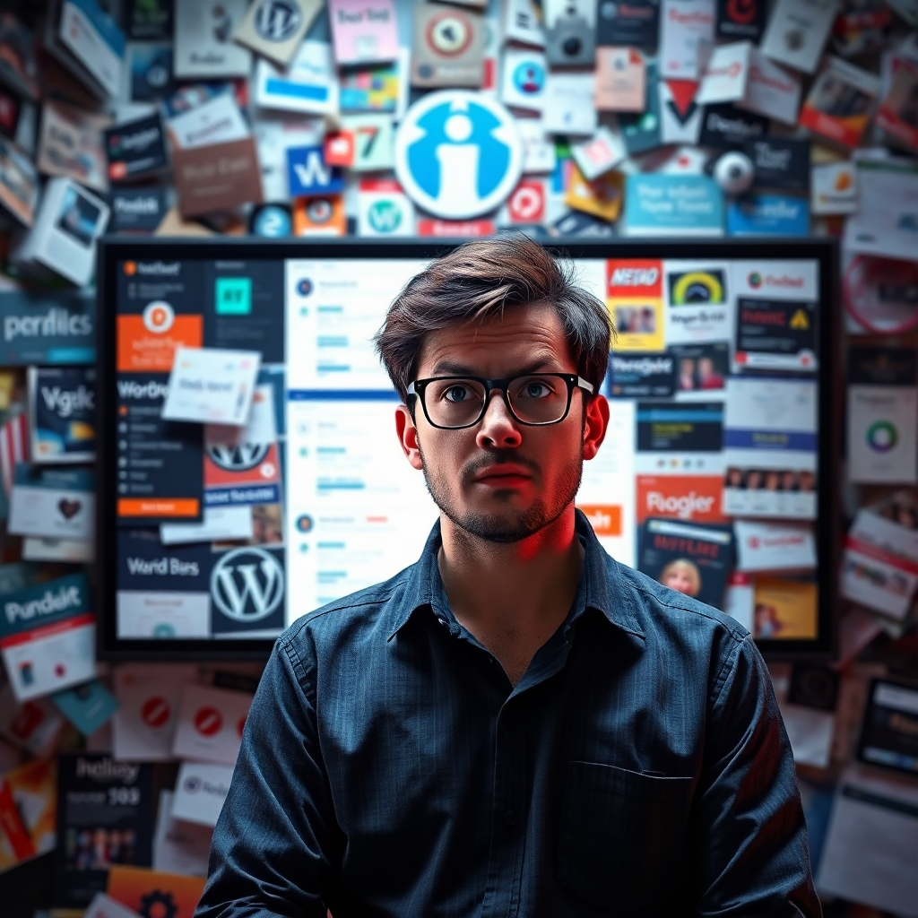 An overwhelmed beginner surrounded by a chaotic array of WordPress plugins and themes on the screen, portraying confusion. Visual indicators of performance metrics like loading speed are shown, emphasizing the impact of poor choices in plugins and themes.