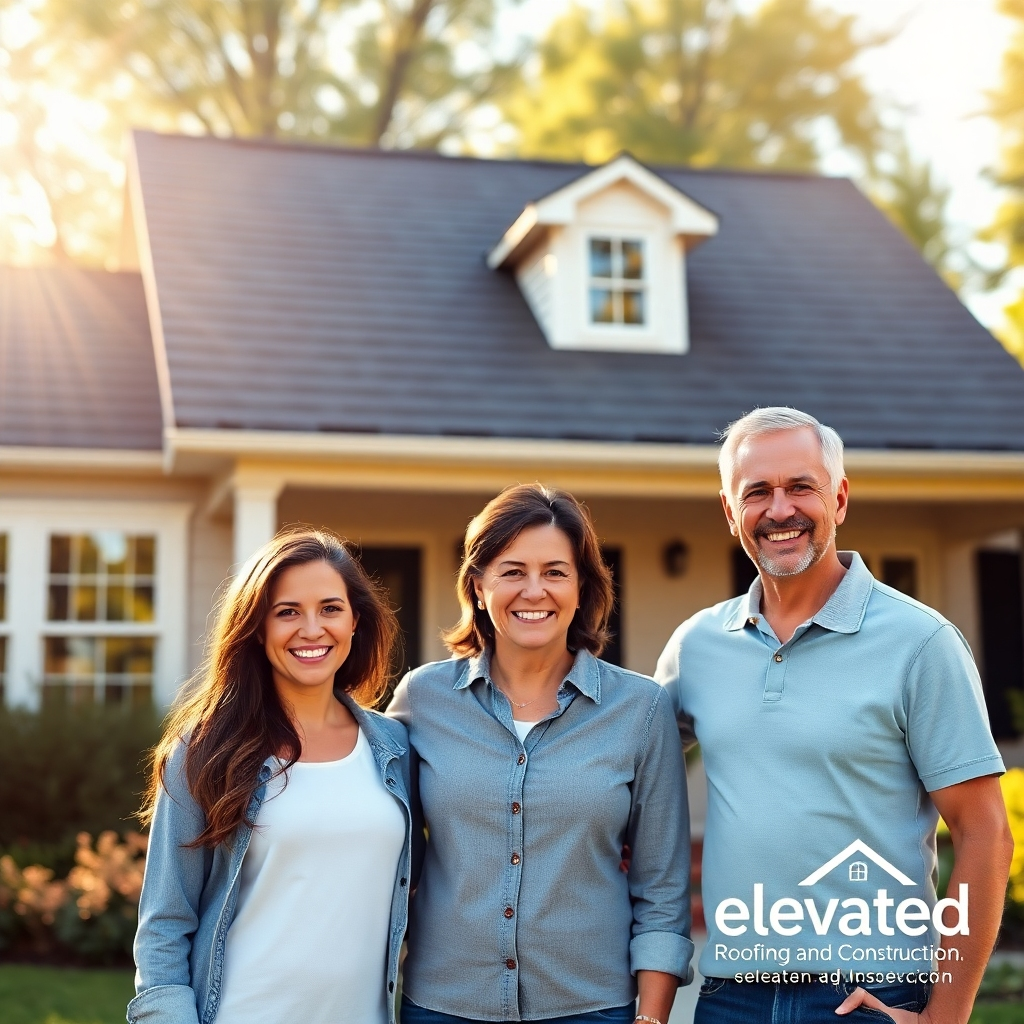 A 4K, high-quality photorealistic image depicting a family standing in front of their beautifully maintained home with a newly installed roof. The roof should be a prominent feature, showcasing its quality and design. Sunlight bathes the scene, creating a warm and inviting atmosphere. The family is smiling and appears happy and secure. The style should be realistic and relatable, emphasizing the peace of mind that comes with a reliable roof. The image should convey a sense of trust, security, and the importance of a well-maintained home. Include a small, tasteful 'Elevated Roofing and Construction LLC' logo subtly in the corner.