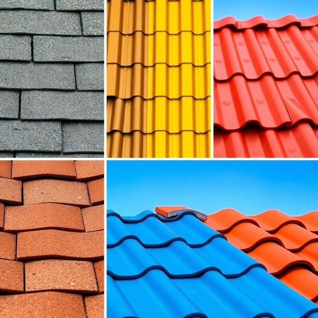 A collage-style image showcasing different roofing materials. Include close-up shots of asphalt shingles, metal roofing panels, and clay tiles. Use a variety of colors and textures to highlight the unique characteristics of each material. The lighting should be bright and even to showcase the details. The overall style should be clean and informative, providing a visual overview of roofing material options.