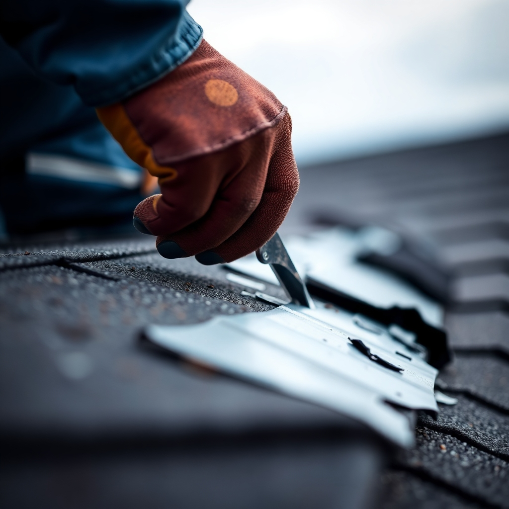 A photorealistic image of a roofing repair technician fixing a damaged roof, focus on the hand of the repairman. Use shallow depth of field.