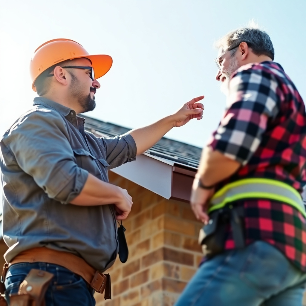 A photorealistic image of a roofing contractor inspecting a roof with a homeowner. The contractor is pointing out areas of concern to the homeowner. The lighting is bright and natural. The camera angle is slightly low, emphasizing the contractor's expertise and the importance of professional consultation.