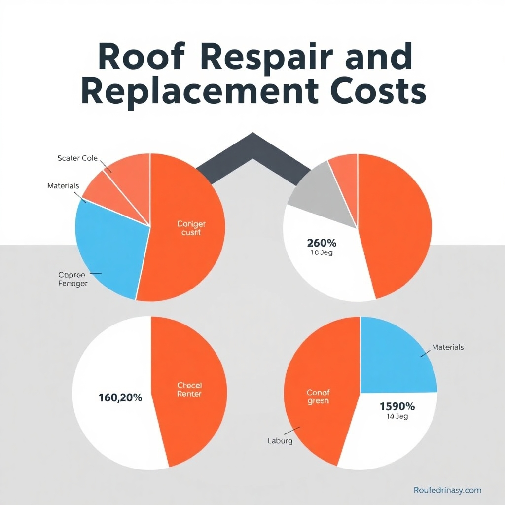 A simple, clean graphic illustrating the breakdown of roof repair and replacement costs. Show pie charts representing the percentage of costs associated with materials, labor, and other factors. Use clear labels and concise visuals. The style should be informative and easy to understand.