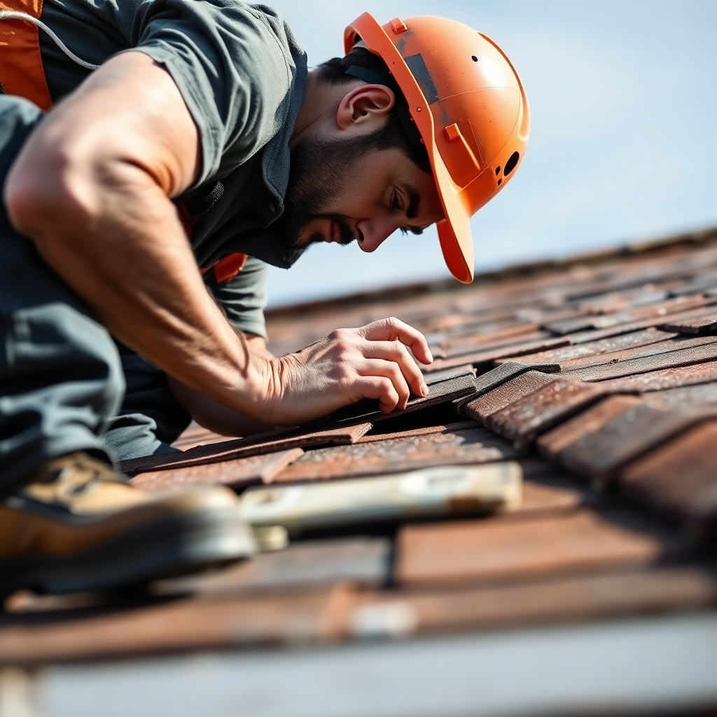 A skilled roofer carefully repairing a section of an older roof. The roofer is replacing damaged shingles with new ones, paying close attention to detail. The lighting is bright and focused on the work area. The camera angle is slightly low, emphasizing the roofer's expertise and the precision of the repair process. Use a photorealistic style to capture the authentic details of the scene.