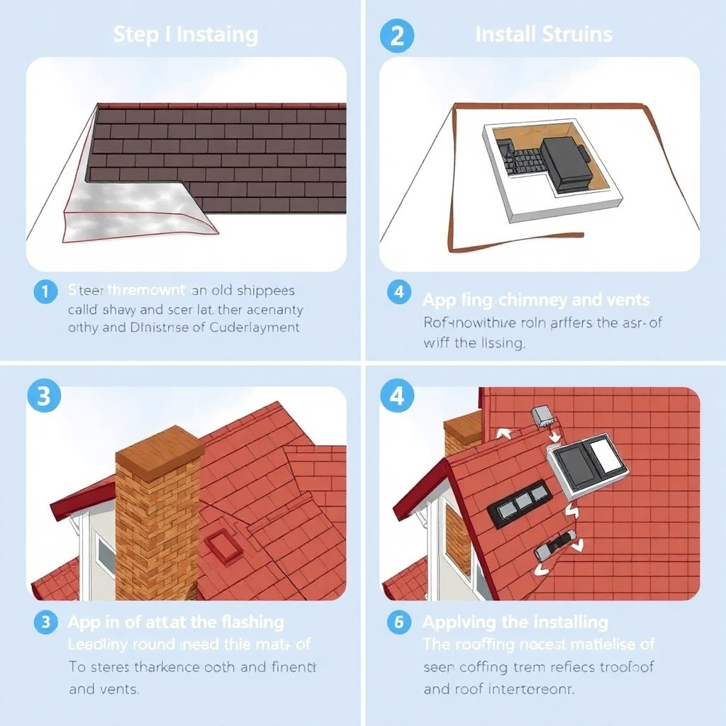 A step-by-step photorealistic illustration demonstrating the roof installation process. Show the removal of old shingles, the installation of underlayment, the application of flashing around chimneys and vents, and the installation of new roofing materials. Use clear and concise visuals to illustrate each step. The style should be informative and easy to understand.