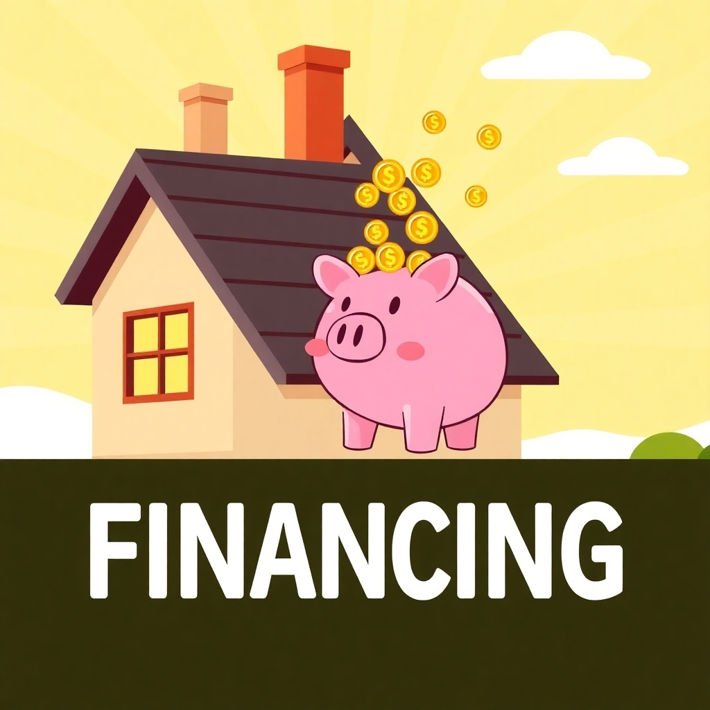 A stylized image of a house with a piggy bank on the roof. The piggy bank is overflowing with coins. The background is a bright and cheerful sky. The style should be lighthearted and optimistic, conveying the availability of financing options.