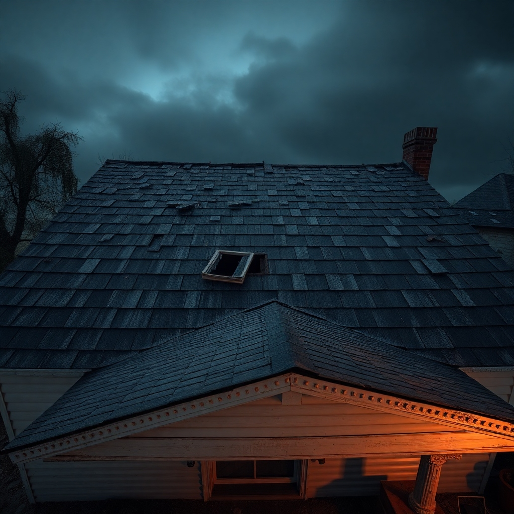 A wide-angle, photorealistic image of a dilapidated roof on an older home. The roof is missing a significant number of shingles, and there are visible signs of water damage and decay. The lighting is dramatic and slightly ominous, conveying the severity of the situation. The camera angle is slightly elevated, providing a comprehensive view of the entire roof and the surrounding property.