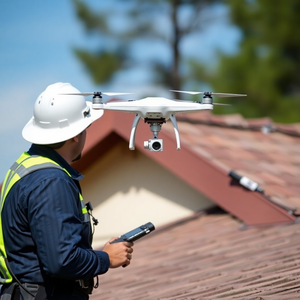 An image depicting a professional roof inspector using drone to inspect a roof.