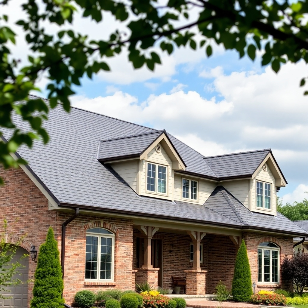 An image showcasing a newly installed roof on a beautiful home. Use high quality to showcase the roof.