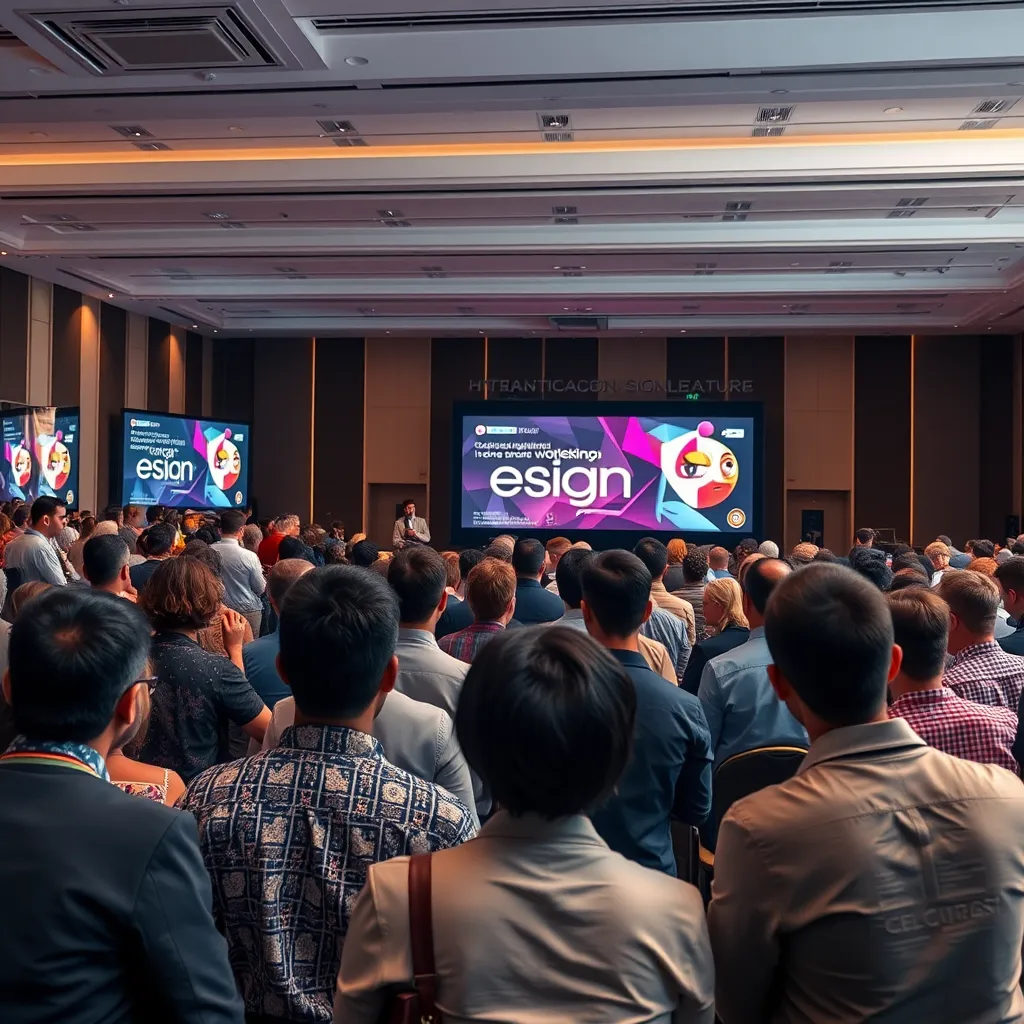 A bustling conference hall where a diverse group of people are attending a graphic design workshop. An inspiring speaker is presenting on a stage, showcasing innovative design concepts and interactive demonstrations. The atmosphere is energetic and engaging, with participants actively participating and seeking new knowledge.