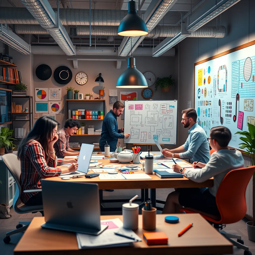 A bustling creative workspace with designers collaborating around a table, brainstorming and sketching on whiteboards, surrounded by colorful design elements and technology.