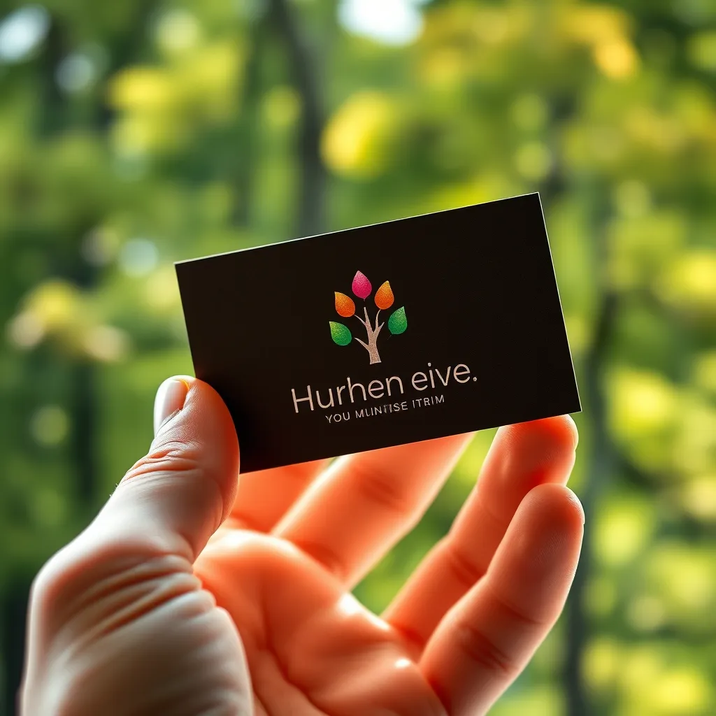 A close-up shot of a hand holding a business card with a minimalist, modern logo design. The logo features a stylized tree with vibrant, organic shapes, representing growth and innovation. The card is made of high-quality textured paper with subtle embossing. The background is a blurred, abstract image of a lush forest, evoking a sense of nature and creativity. The lighting is soft and natural, highlighting the details of the card and logo. The overall mood is sophisticated, organic, and inviting. Render in 8K resolution with hyperrealistic detail, capturing the texture of the paper and the vibrancy of the colors.