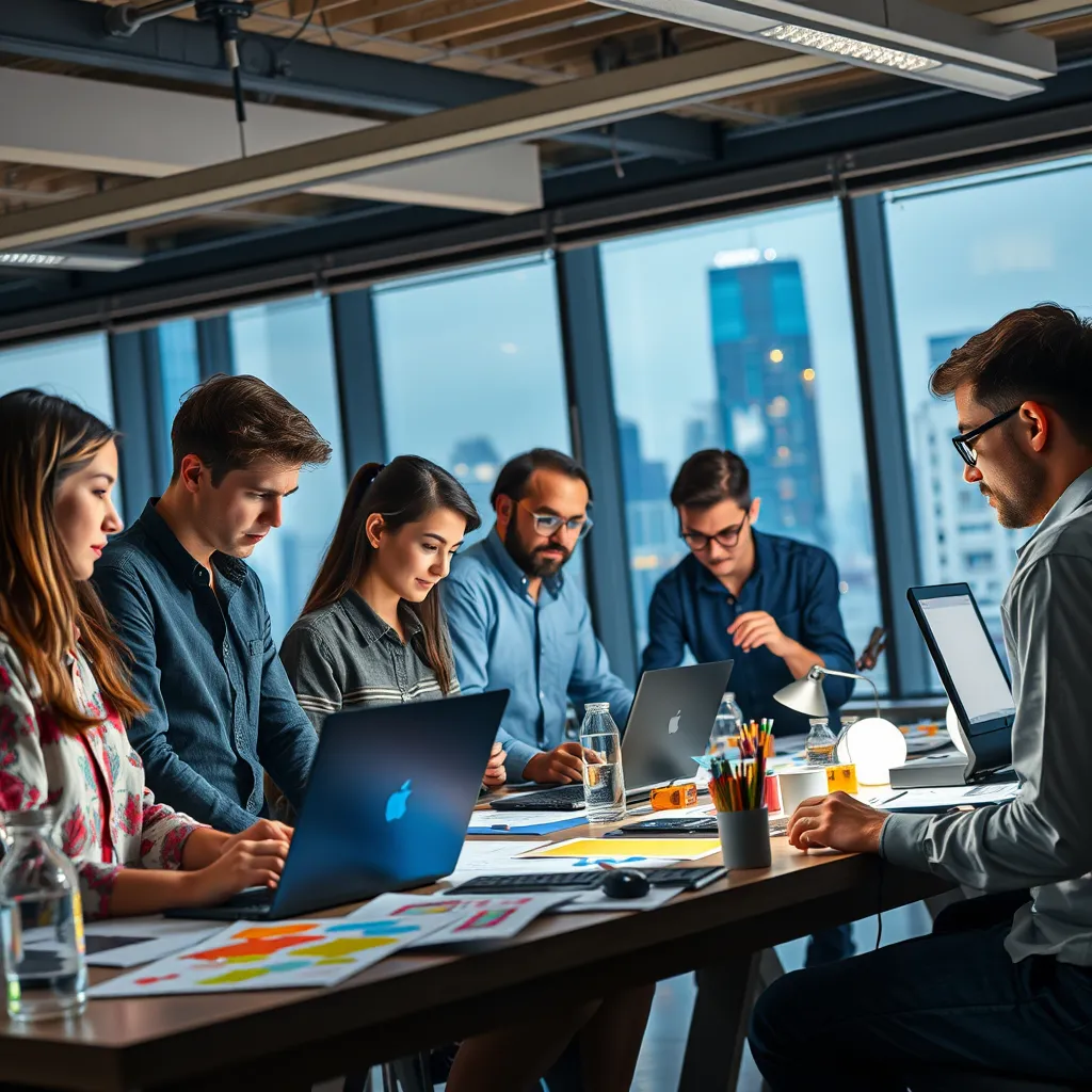 A group of designers are actively participating in a design workshop. They are engrossed in learning new techniques, experimenting with software, and sharing their creative ideas. The workshop is filled with colorful projects, innovative tools, and a sense of collaborative learning. The background features a cityscape with modern buildings, symbolizing the dynamic nature of design education.