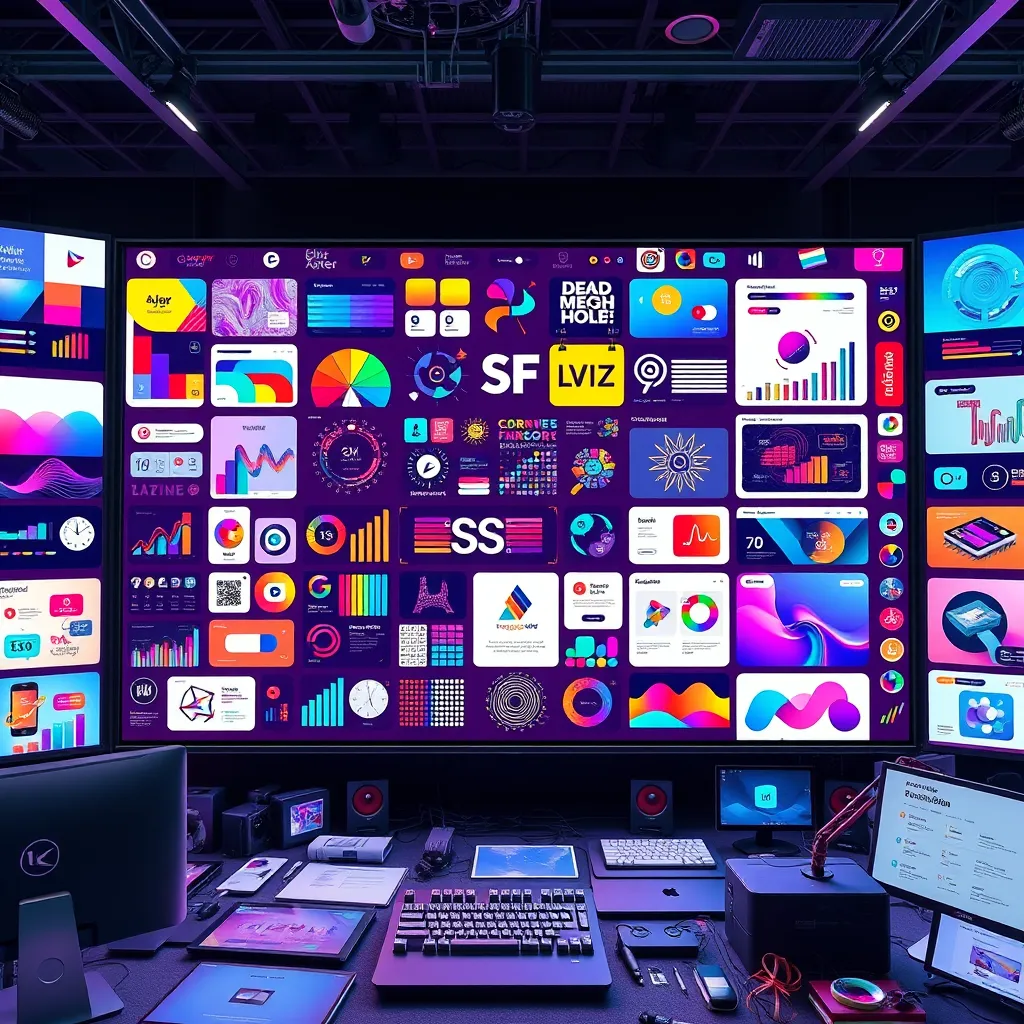 A large, interactive digital display showcasing a mesmerizing array of graphic design elements: vibrant color palettes, intricate typography, dynamic illustrations, and sleek website layouts. The display is surrounded by creative tools and software, emphasizing the abundance of inspiration available.