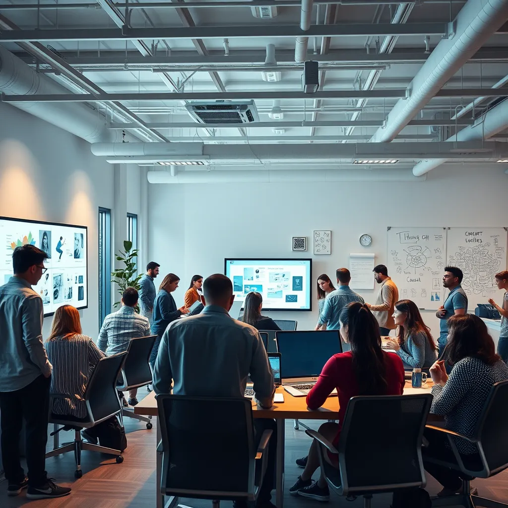 A modern, brightly lit open-plan office space with a diverse group of people working on projects together. The room features large screens displaying creative designs, and a whiteboard filled with brainstorming ideas. The atmosphere is energetic and collaborative, with a focus on teamwork and innovation.