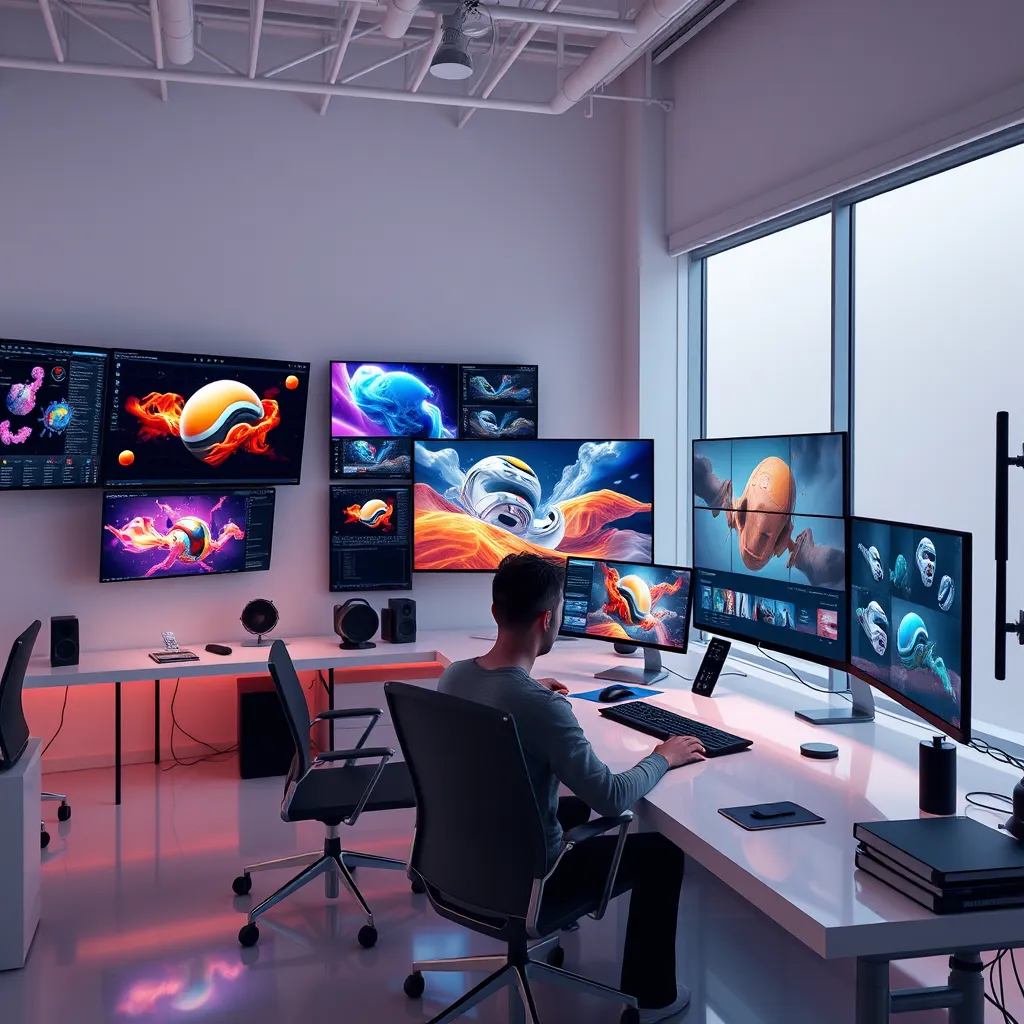 A modern, minimalist studio with a designer using advanced graphic design software, surrounded by digital screens showcasing vibrant visual concepts and 3D models.
