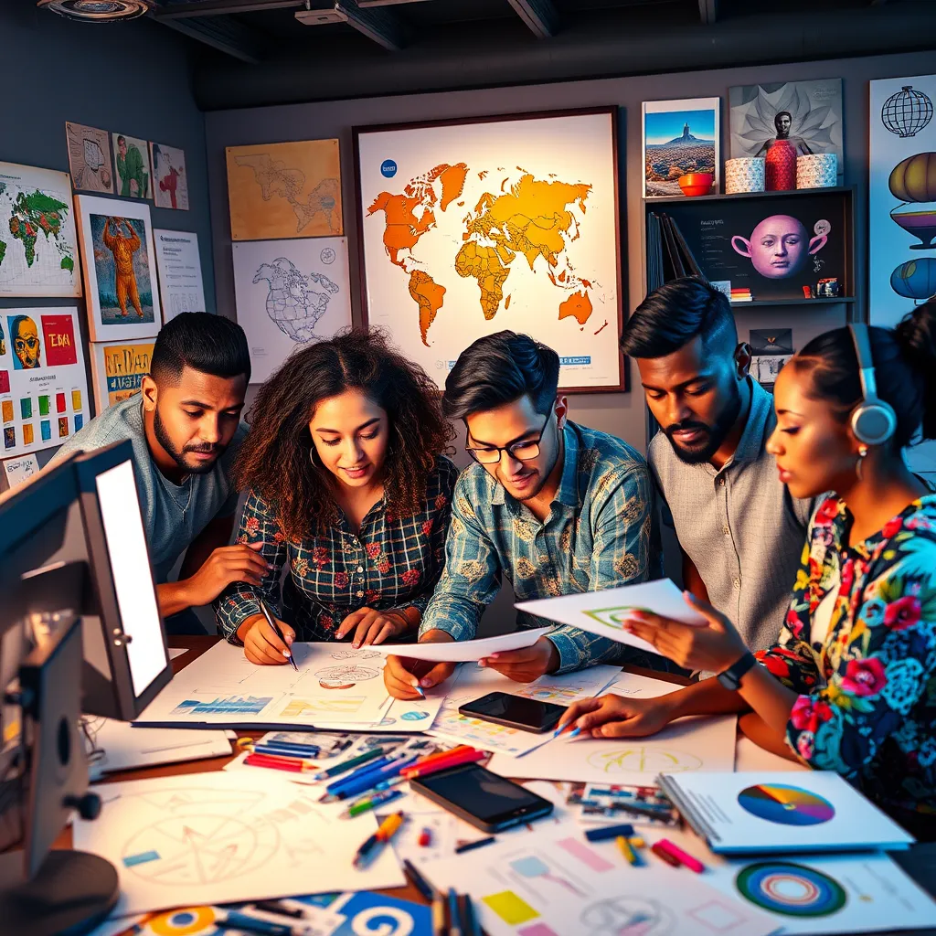 A vibrant and diverse group of graphic designers from different cultural backgrounds working together in a collaborative environment. They are surrounded by colorful sketches, digital design tools, and inspirational artwork. The room is filled with energy and creativity, representing a global community of designers.