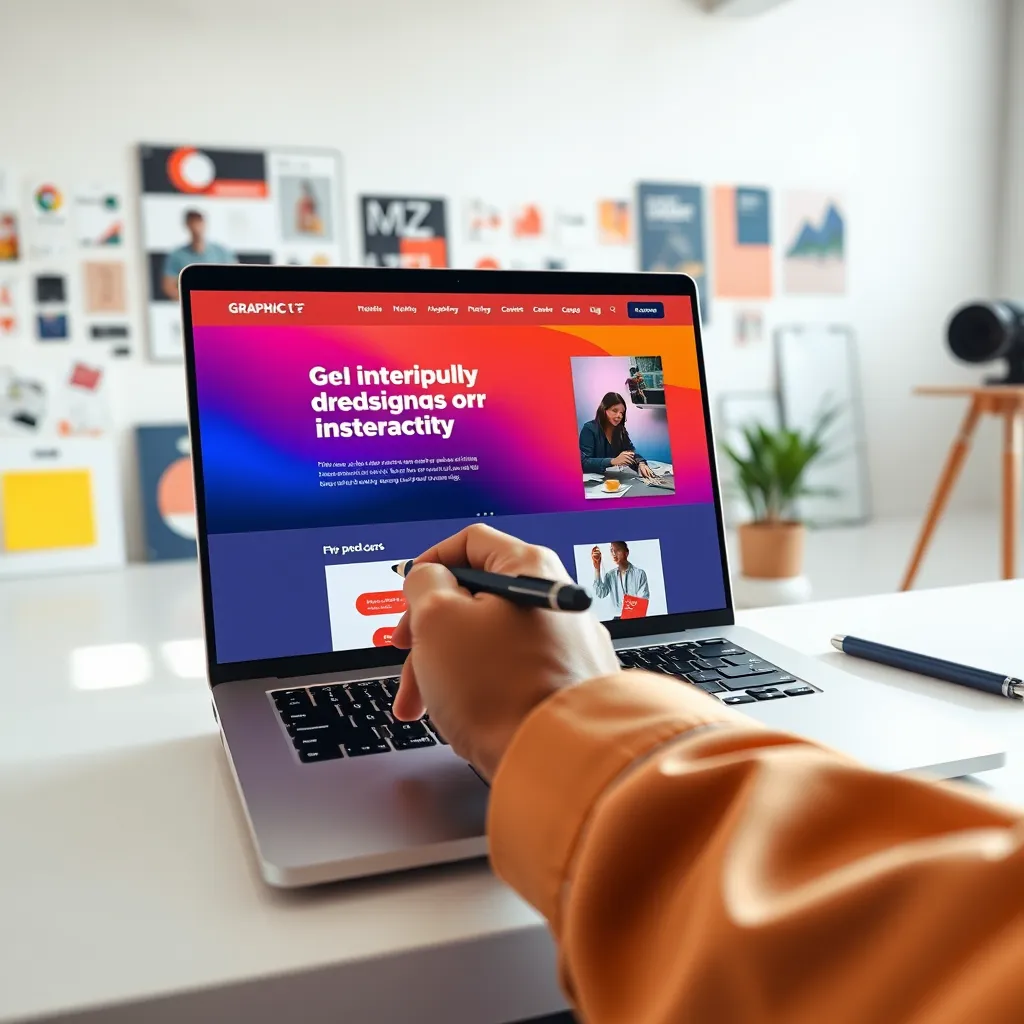A wide-angle shot of a designer working on a laptop in a modern, minimalist studio space. The screen displays a sleek and interactive website design with vibrant color schemes and clean typography. The designer is using a stylus to navigate the design interface. The background is filled with inspiring graphic design elements, such as mood boards, sketches, and color swatches. The lighting is bright and airy, creating a sense of focus and energy. The overall style is modern, clean, and intuitive, reflecting the user-centered approach of Graphic Grove. Render in 8K resolution, showcasing the intricate details of the website design and the designer's workspace.