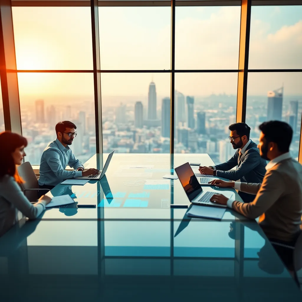 A professional, warm, and inviting image of a real estate agent meeting with a client in a comfortable office setting. The agent should be dressed professionally and smiling, while the client should be relaxed and engaged in the conversation. The office should be modern and well-appointed, with a large window overlooking a cityscape. The image should be taken from a low angle, capturing both the agent and the client in a friendly and approachable manner. The lighting should be soft and natural, creating a warm and inviting atmosphere. The image should be 8K resolution and hyperrealistic, with a focus on detail and depth. The image should convey a sense of trust, professionalism, and expertise.