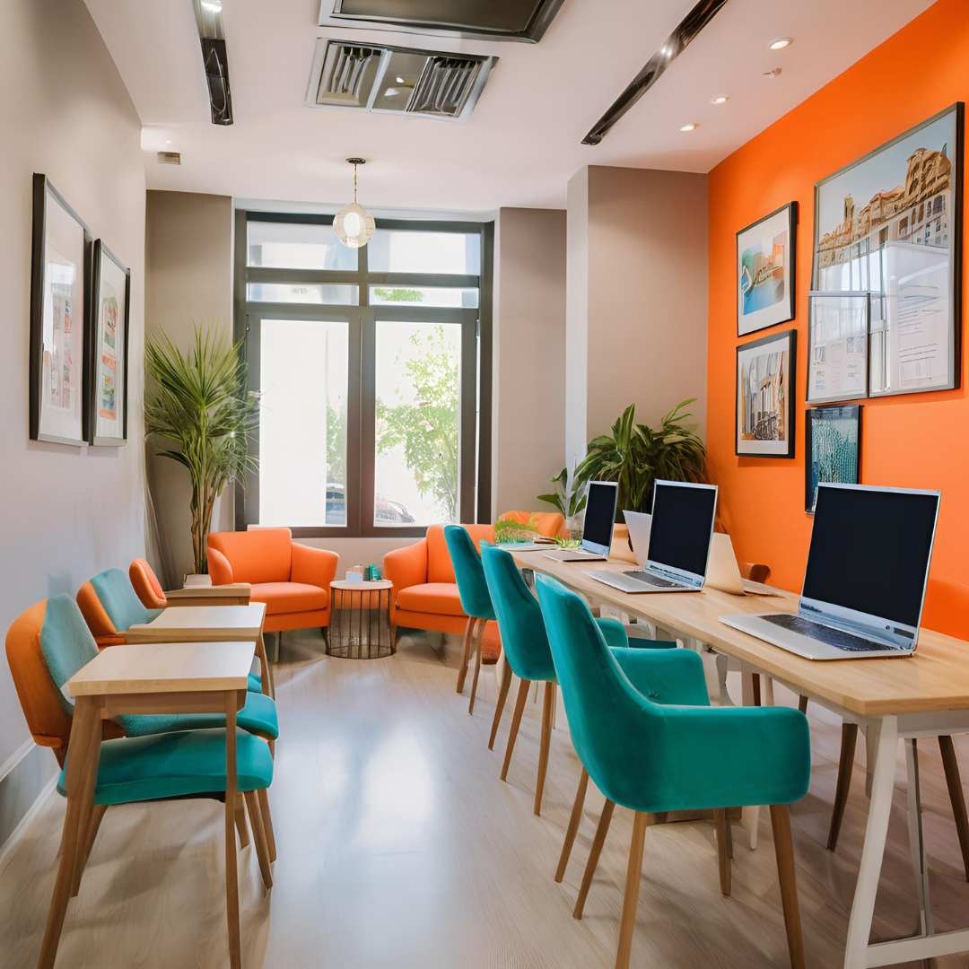 A photorealistic image illustrating the thriving real estate market in Adyar. Show a group of real estate agents discussing property details with a client, a construction crew working on a new apartment building, and a family moving into their new home. Include visuals of bustling real estate offices and a signboard displaying 'For Sale' and 'For Rent' properties.