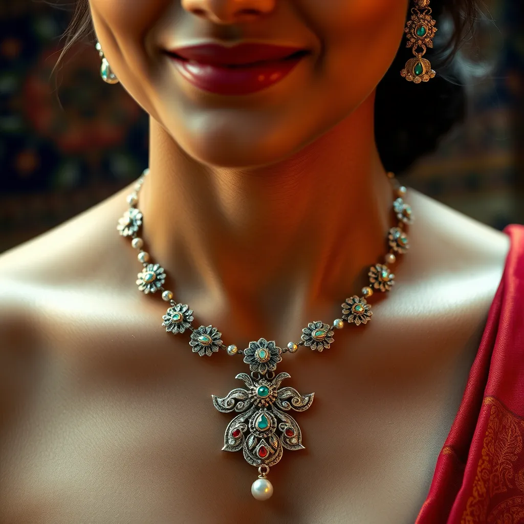 A close-up, high-angle shot of a woman wearing a delicate, handcrafted silver necklace adorned with intricate floral motifs and colorful gemstones. The necklace is highlighted by soft, warm lighting, accentuating its intricate details. The woman's skin is glowing, and she has a gentle smile. The background features a blurred image of a traditional Indian textile with rich colors and textures, creating a subtle sense of heritage. The image should be highly detailed and photorealistic, with an 8K resolution. Capture the essence of Indian artistry and modern elegance in this stunning portrayal of Adyar Fashion Jewellery's handcrafted necklaces.
