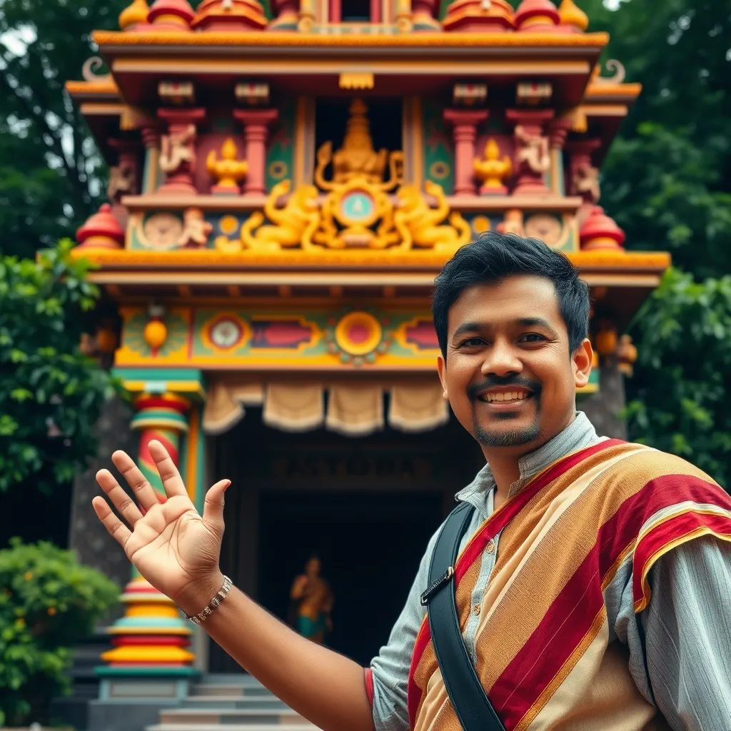 A close-up photorealistic portrait of a friendly, smiling local guide dressed in traditional attire, standing in front of a majestic Navagraha temple. He is gesturing towards the temple entrance with a warm, welcoming smile. The temple is adorned with vibrant colors, intricate carvings, and religious symbols, with a backdrop of lush green foliage.