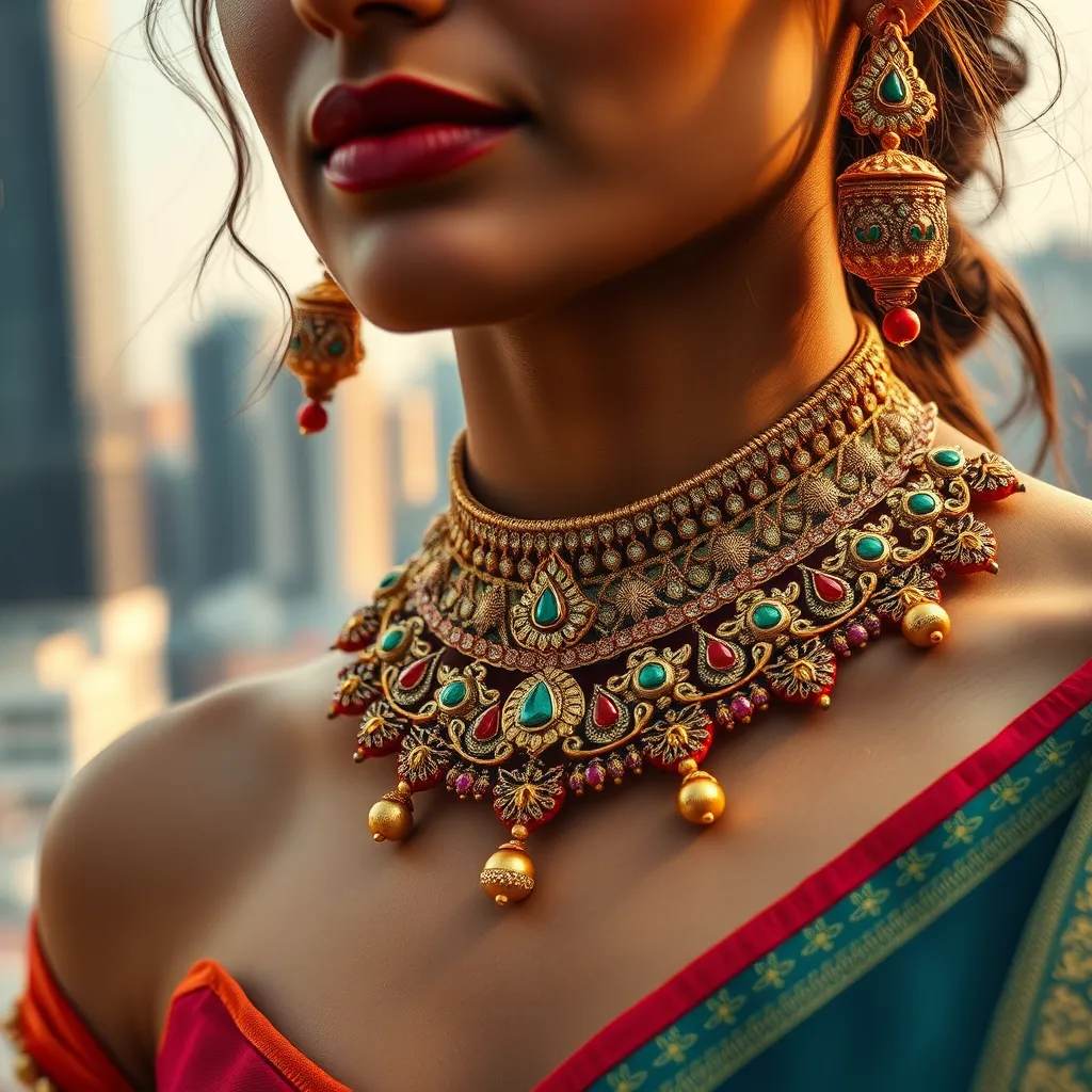 A close-up shot of a woman wearing a statement necklace with intricate details, crafted from traditional Indian motifs and materials, set against a backdrop of a modern cityscape. The necklace should have a vibrant color palette and exude an air of sophistication and elegance.