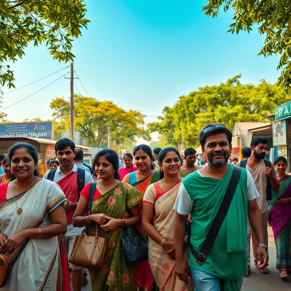 A group of diverse travelers, including families, couples, and individuals, exploring the streets of Kumbakonam, enjoying street food, visiting local shops, and interacting with friendly locals, under a clear blue sky with lush green trees