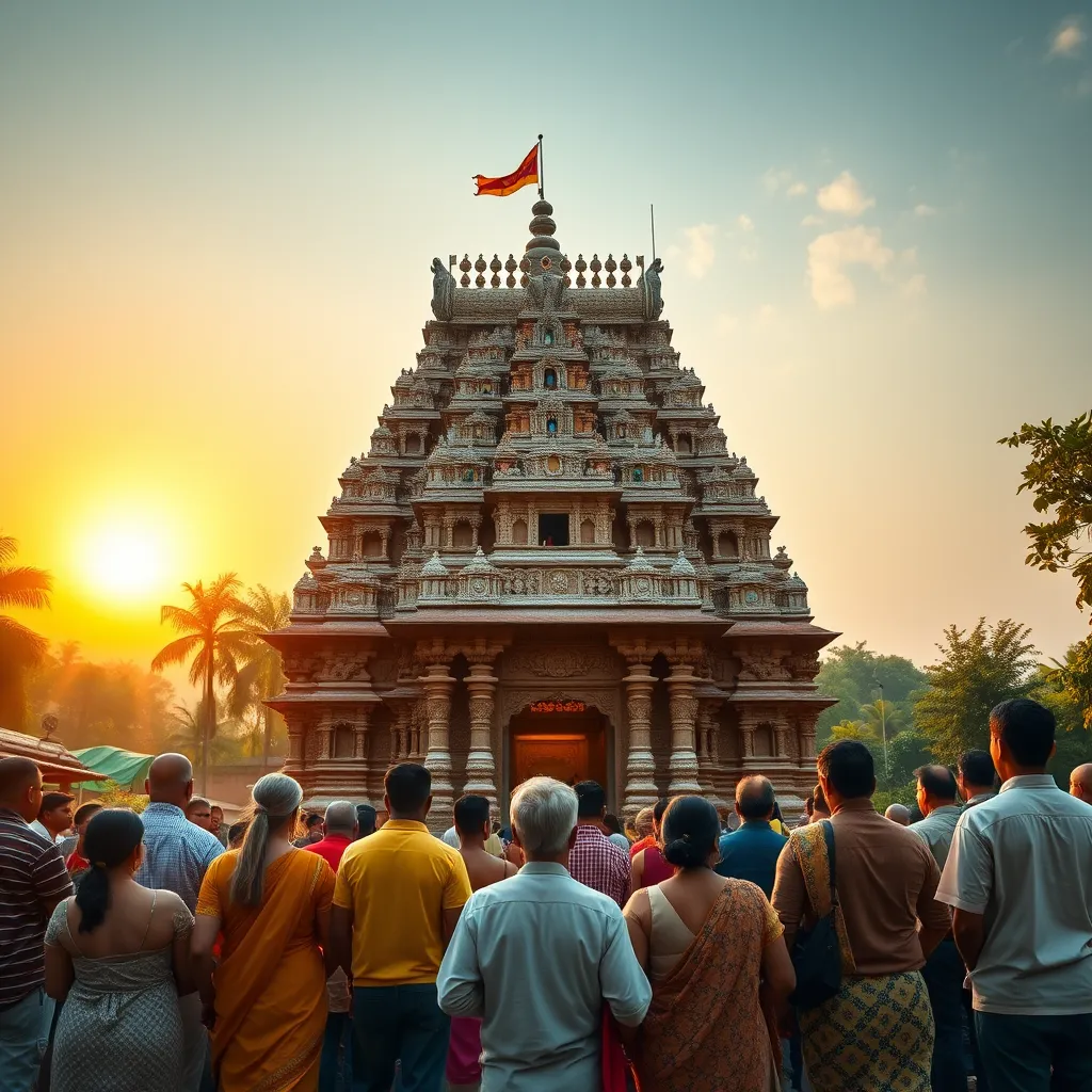 A group of people, diverse in age and attire, standing in reverence before a grand, ancient Hindu temple with intricate carvings and vibrant colors, bathed in the warm glow of the setting sun. The temple is surrounded by lush greenery and serene atmosphere, suggesting a peaceful spiritual experience.