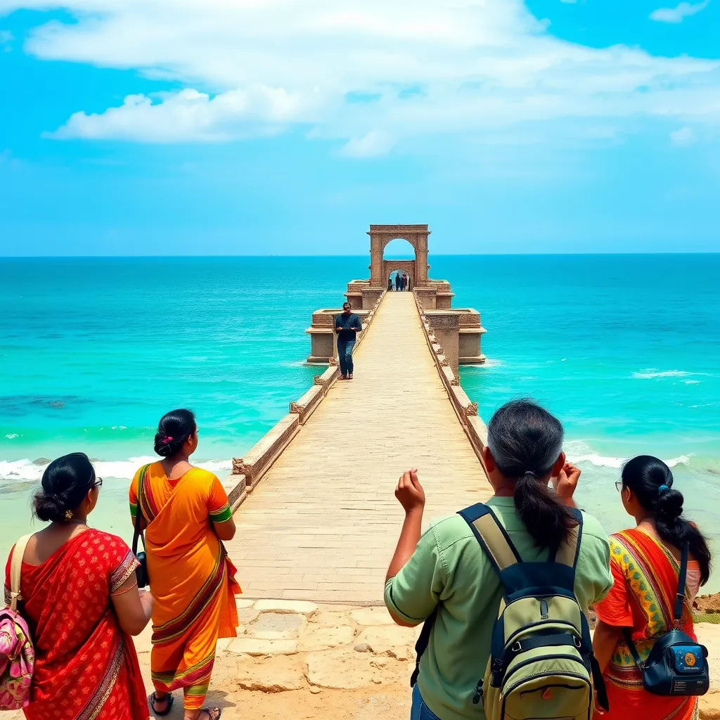 A group of tourists, accompanied by a knowledgeable guide, standing in front of the iconic Dhanushkodi bridge in Rameshwaram, Tamil Nadu. The image should capture the scenic beauty of the coastline, with the turquoise waters of the Bay of Bengal extending towards the horizon. The guide should be explaining the history and significance of the bridge to the attentive group.