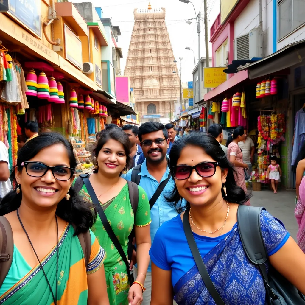 A group of tourists smiling happily as they explore the vibrant streets of Kumbakonam, Tamil Nadu. The scene should include colorful shops, traditional markets, and local vendors selling unique handicrafts. In the background, a majestic temple tower should be visible, symbolizing the cultural richness of the region.