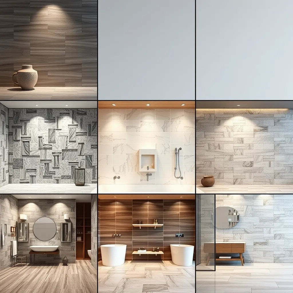 A montage image featuring various tile installation styles, showcasing the diverse range of options offered by SG Associates. The montage should include classic, modern, and contemporary designs, with each image featuring different tile materials, patterns, and colors, highlighting the creativity and versatility of the company.