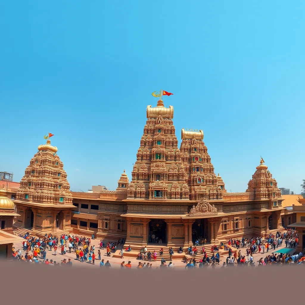 A panoramic view of the Meenakshi Amman Temple in Madurai, Tamil Nadu, with intricate details of its gopurams, vibrant colors, and bustling crowds of devotees. The image should showcase the grandeur and cultural significance of the temple against the backdrop of a clear blue sky.