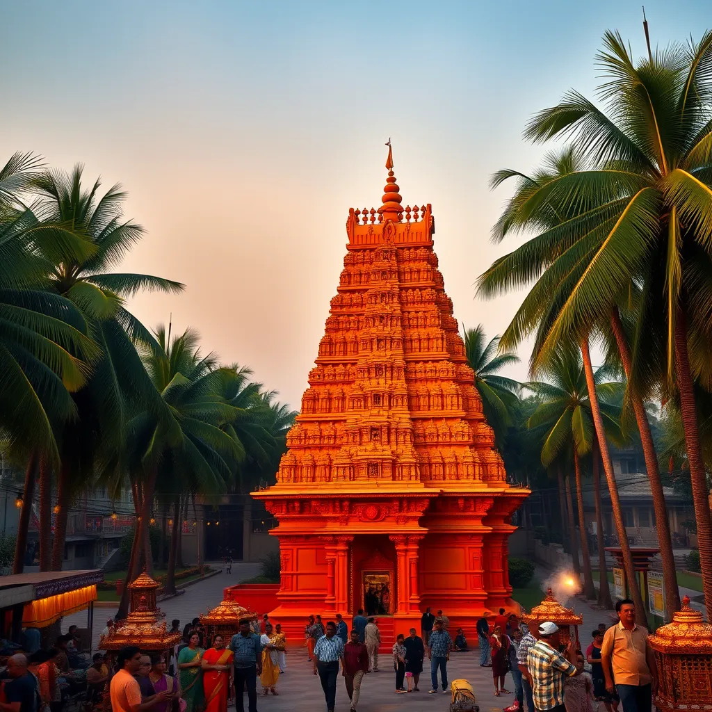 A panoramic view of the Thirunallar Sani Temple in Tamil Nadu, bathed in the warm glow of the setting sun.  The temple, a vibrant blend of orange and red, stands tall against a backdrop of lush green palm trees.  The air is filled with the sound of chanting mantras and the sweet scent of incense. The camera angle should be slightly elevated, capturing the intricate carvings and sculptures of the temple's gopuram (tower) and the bustling activity of devotees around the temple.  The image should be a high-resolution photograph, showcasing the intricate details of the temple architecture, the vibrant colors of the religious offerings, and the serene atmosphere of the temple grounds.  Capture the beauty of the temple with a soft, diffused lighting, creating a warm and inviting ambience.