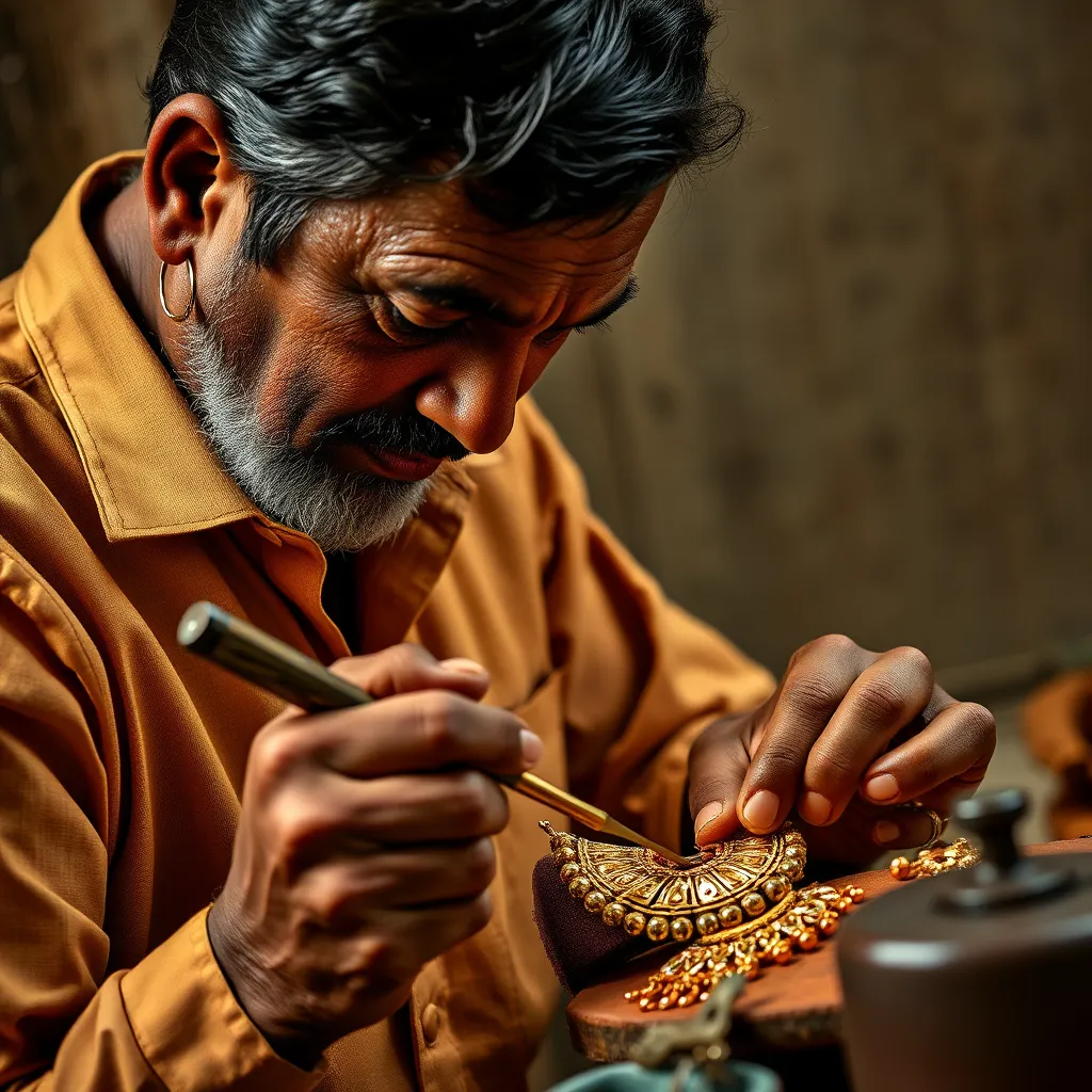 A photo of a skilled artisan meticulously crafting a piece of Adyar Fashion Jewellery. The image should capture the intricate details of the work, showcasing the use of traditional tools and techniques. The artisan should be focused and passionate, highlighting the dedication and skill involved in creating these unique pieces.