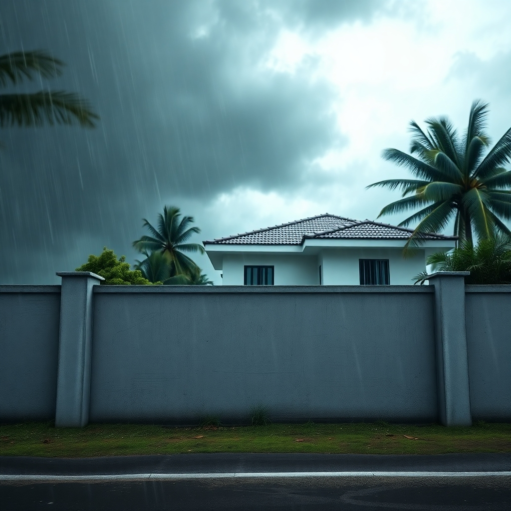 A photorealistic image depicting a sturdy precast concrete compound wall standing strong against a harsh, stormy weather backdrop (rain, wind).  Show the wall's unblemished surface and strong structure.  High contrast lighting to emphasize the wall's strength. A clear Kumbakonam style house should be visible behind the wall.