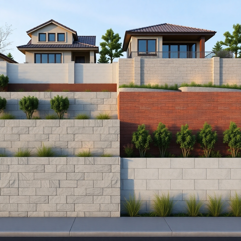 A photorealistic image depicting a variety of precast concrete compound wall designs. Show different textures (smooth, rough), colors, and heights.  Include a residential application, a commercial application, and a mix of styles to showcase versatility. The image should be well-lit and professionally styled.