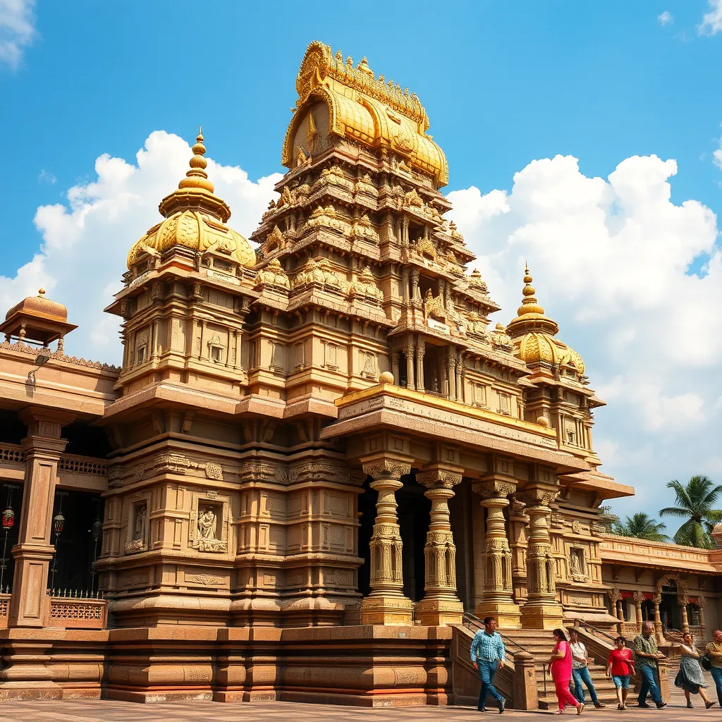 A photorealistic image of the Meenakshi Amman Temple in Madurai, Tamil Nadu, during a vibrant Hindu festival. Capture the intricate details of the temple's gopurams (tower gateways), colorful sculptures, and bustling crowds in a festive atmosphere. The image should convey a sense of awe and grandeur, highlighting the architectural brilliance and spiritual significance of the temple.