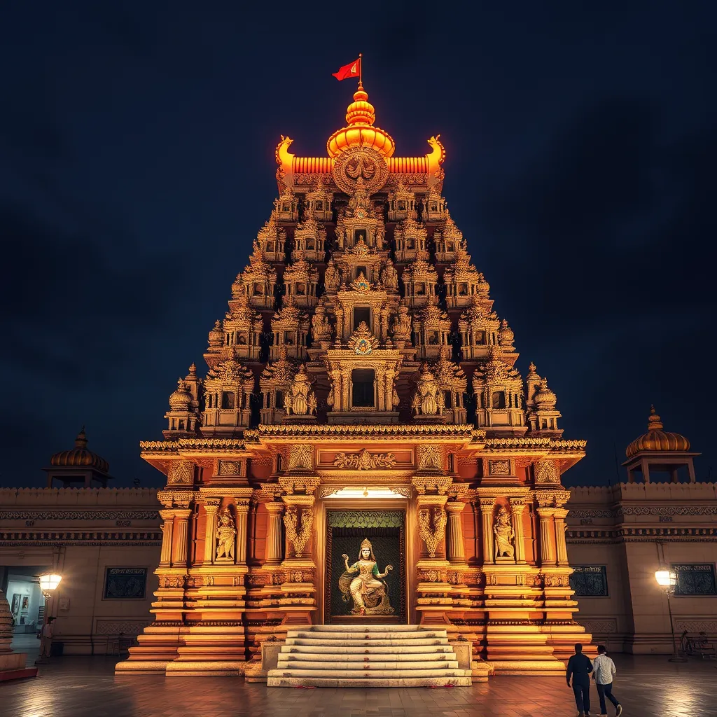 A photorealistic image of the Meenakshi Amman Temple in Madurai, Tamil Nadu, during a vibrant Hindu festival. Capture the intricate details of the temple's gopurams (tower gateways), colorful sculptures, and bustling crowds in a festive atmosphere. The image should convey a sense of awe and grandeur, highlighting the architectural brilliance and spiritual significance of the temple.