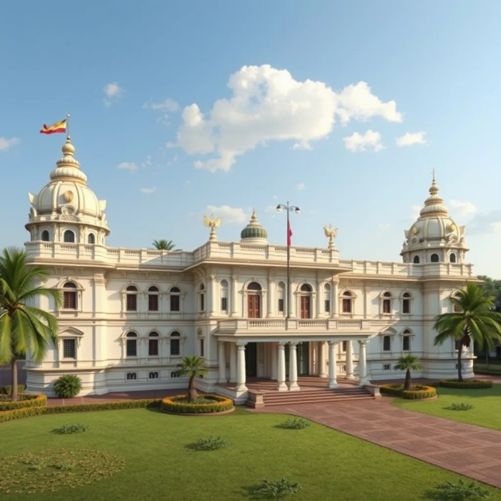 A photorealistic image of the Sri Ramanathaswamy Temple in Rameshwaram, Tamil Nadu, bathed in warm morning light. The temple should be depicted with its intricate carvings, majestic towers, and a calm, serene atmosphere. Show pilgrims performing rituals and enjoying the peaceful surroundings, conveying the temple's spiritual significance and the beauty of Rameshwaram's coastal landscape.