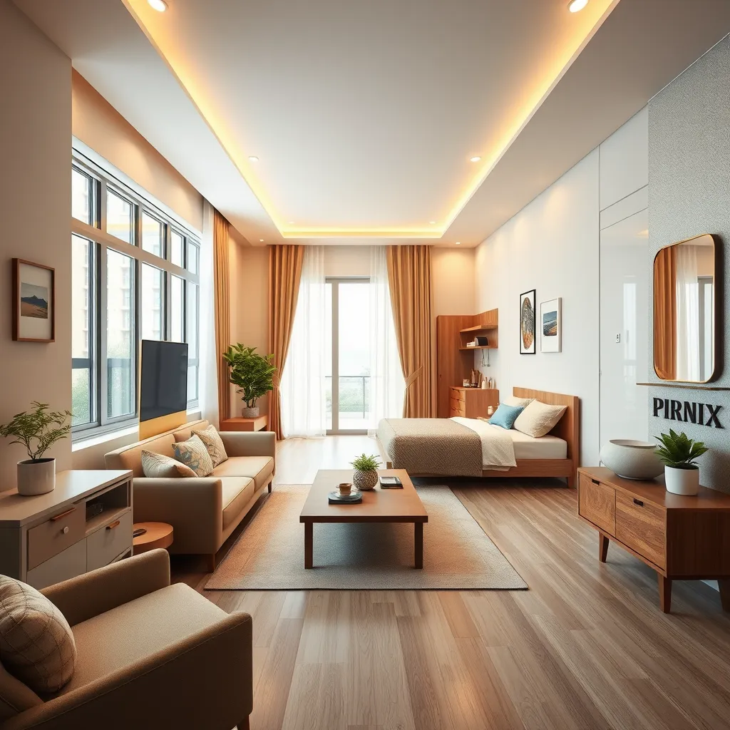 A photorealistic image of a cozy 1BHK apartment in Adyar, Chennai. The apartment should have a bright and airy living room with large windows, a well-equipped kitchen, a comfortable bedroom, and a modern bathroom. The furniture should be stylish and contemporary, with warm color palettes and natural materials. The lighting should be soft and diffused, creating a welcoming and inviting atmosphere. The image should be taken from a wide angle, capturing the entire apartment in a single frame. The background should be a minimalist wall with a few paintings or photographs. The image should be 8K resolution and hyperrealistic, with a focus on detail and depth.